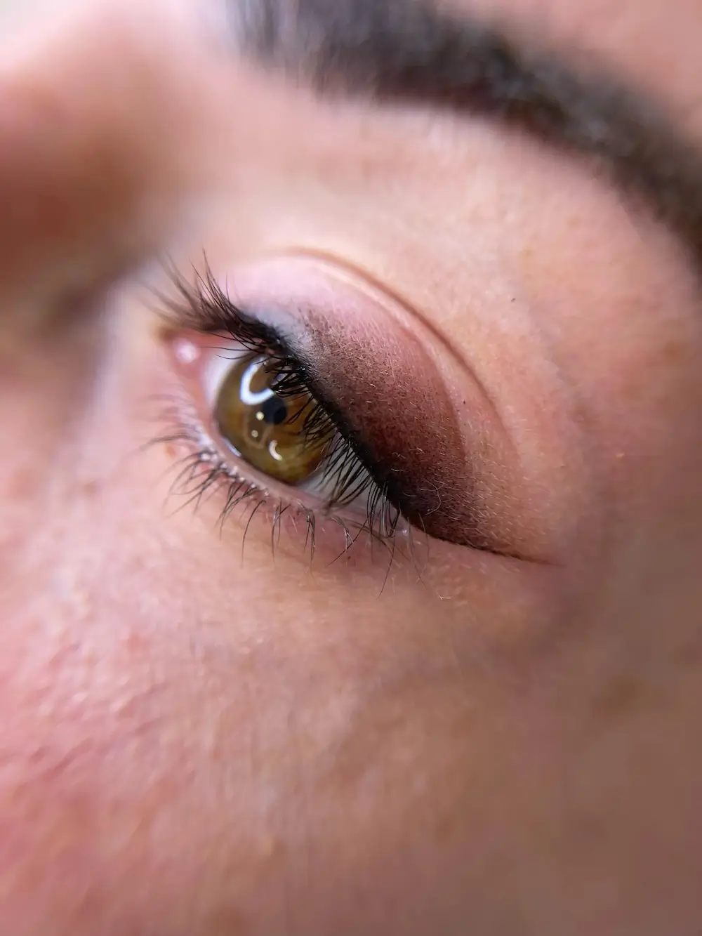 micropigmentacion Primer plano del ojo de una persona con iris marrón, bellamente realzado con sombra de ojos rosa y rímel. La ceja es visible arriba, mostrando la textura detallada de la piel. Una sutil micropigmentación realza la mirada, mientras el ojo mira ligeramente hacia arriba, enmarcado por delicadas pestañas. Monica Aranguez