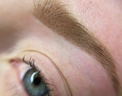 micropigmentacion Primer plano del ojo y la ceja de una persona, que destaca el diseño y el cuidado detallados de las cejas, con bordes definidos y limpios, y un vello de aspecto natural, que realza a la perfección los resultados de la micropigmentación en cejas. La piel alrededor de la ceja es suave. Monica Aranguez