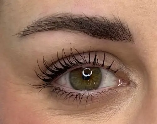 micropigmentacion Primer plano de un ojo verde con pestañas largas y rizadas y una ceja oscura y bien cuidada, realzada con micropigmentación. La piel es suave y se aplica un maquillaje ligero. Monica Aranguez