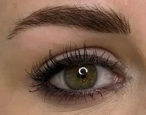 micropigmentacion Primer plano de un ojo verde con pestañas largas y oscuras y una ceja bien definida y arqueada, realzada mediante micropigmentación de cejas. La piel luce suave y de tono claro, con un reflejo de luz en el ojo. Monica Aranguez