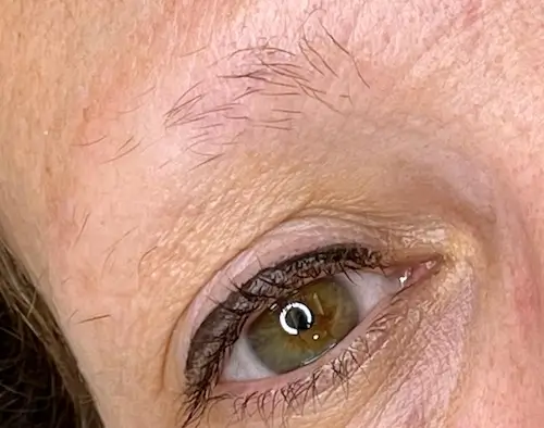 micropigmentacion Primer plano del ojo y la ceja de una persona, que muestra el pelo escaso y una textura de piel detallada con líneas finas. El ojo color avellana está delineado con delineador oscuro, lo que realza el aspecto natural, ideal para la micropigmentación de cejas. Monica Aranguez