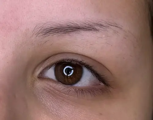 micropigmentacion Primer plano del ojo marrón y la parte superior de la mejilla de una persona. La ceja es escasa y fina, con piel visible debajo, ideal para resaltar los resultados de la micropigmentación de cejas en pieles claras con textura natural y maquillaje mínimo. Monica Aranguez