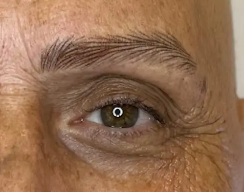 micropigmentacion Primer plano del ojo marrón de una persona mayor con arrugas visibles y micropigmentación en las cejas. La iluminación resalta la textura de la piel y los detalles finos alrededor del ojo. Monica Aranguez