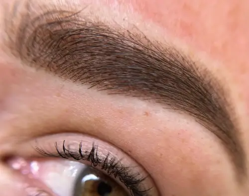 micropigmentacion Primer plano del ojo marrón de una mujer y sus cejas meticulosamente cuidadas, realzadas con micropigmentación. La piel está suave y las pestañas son visibles, lo que resalta el cuidado de ojos y cejas. Monica Aranguez