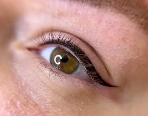 micropigmentacion Primer plano de un ojo humano con iris color avellana, pestañas largas y cejas bien cuidadas. La piel suave y la iluminación realzan los detalles, mostrando los sutiles efectos de la micropigmentación ocular. Monica Aranguez