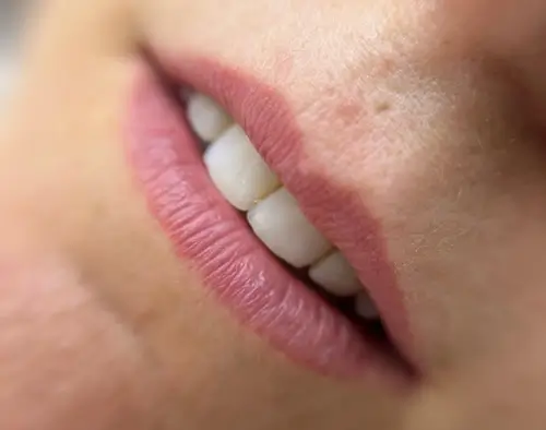 micropigmentacion Primer plano de la boca de una persona que muestra labios rosados y dientes blancos, con parte de la piel circundante visible. Los labios se ven ligeramente separados en una expresión suave, realzada por la Micropigmentación en Labios para una apariencia impecable. Monica Aranguez