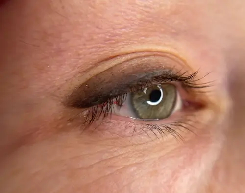 micropigmentacion Primer plano de un ojo verde con pestañas largas y una sutil sombra de ojos marrón en el párpado superior, resaltando la textura natural de la piel: inspiración perfecta para quienes están considerando la micropigmentación en ojos. Monica Aranguez