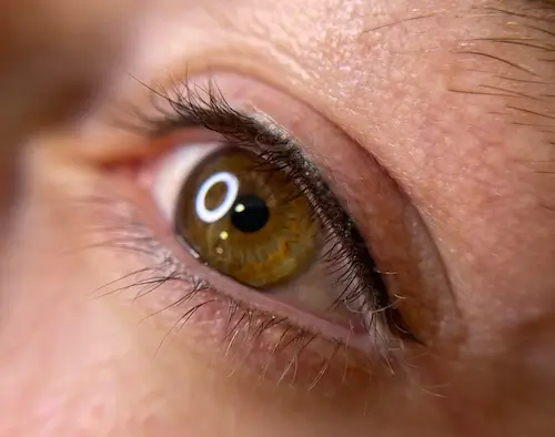 micropigmentacion Primer plano de un ojo humano con iris color avellana, pestañas visibles y una textura de piel detallada alrededor del ojo, ideal para mostrar los resultados de la micropigmentación ocular. El ojo refleja una fuente de luz circular. Monica Aranguez