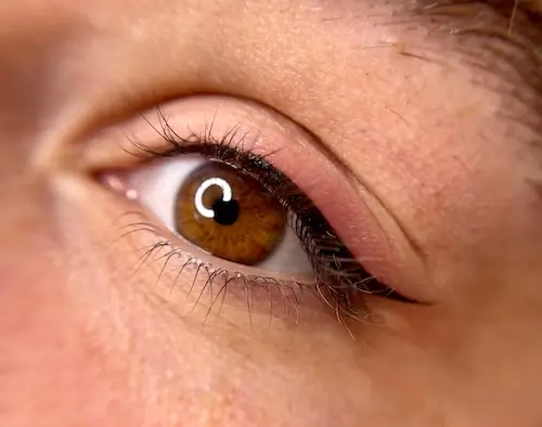 micropigmentacion Primer plano del ojo castaño de una mujer, parcialmente delineado con delineador negro, que muestra la maestría de la micropigmentación. Se resaltan los detalles del iris y la piel circundante, y las pestañas añaden profundidad a esta cautivadora imagen. Monica Aranguez